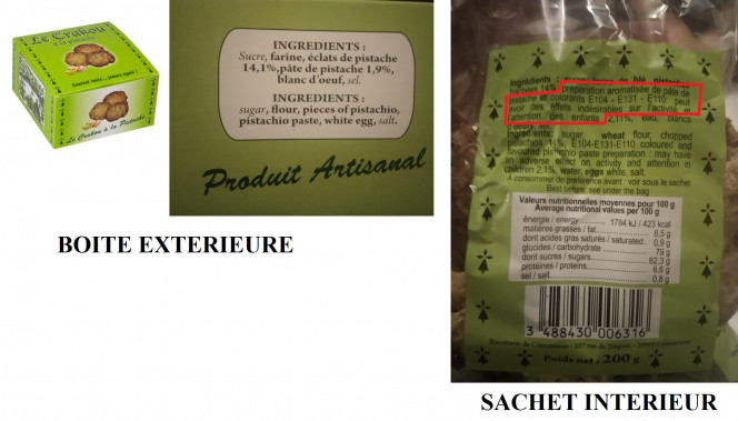 Un montage montrant la boîte de crakous, avec une liste d’ingrédients indiquant aucun colorant, et son sachet, indiquant lui des colorants