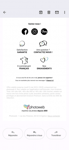 Screenshot du bas de la même pub photoweb, énonçant en gris et en petit caractères les conditions d’application de la promotion