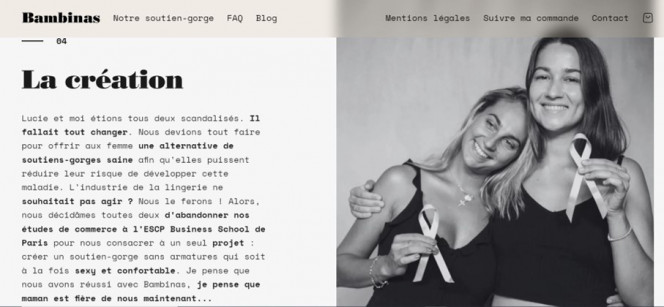 Une capture d'écran de la page "notre histoire" du site bambinas.fr, dans laquelle on voit une photo de deux femmes