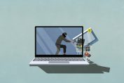 Dessin figurant un voleur qui s'échappe d'un ordinateur avec son butin