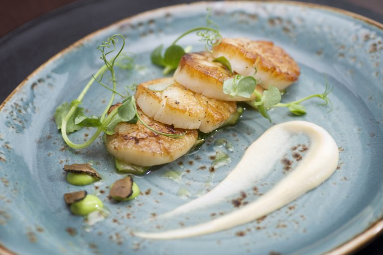 Des coquilles Saint-Jacques cuisinées et joliment présentées.