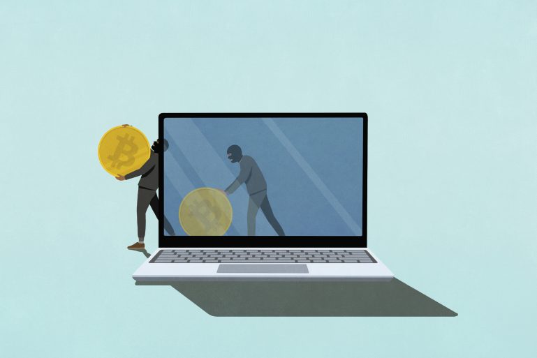 Dessin figurant le vol de cryptomonnaies via un ordinateur