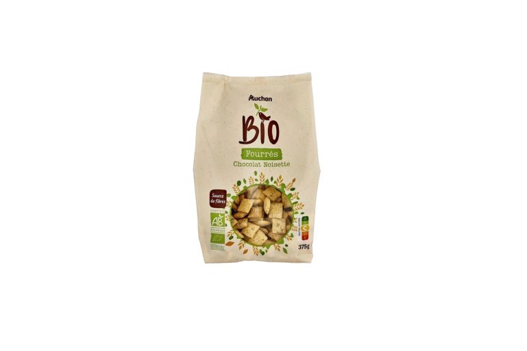 Céréales coussins fourrés chocolat noisette Auchan bio