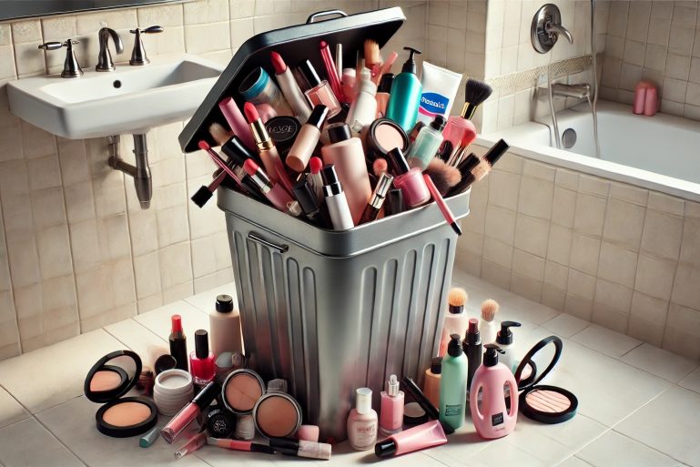Une poubelle remplie de produits cosmétiques
