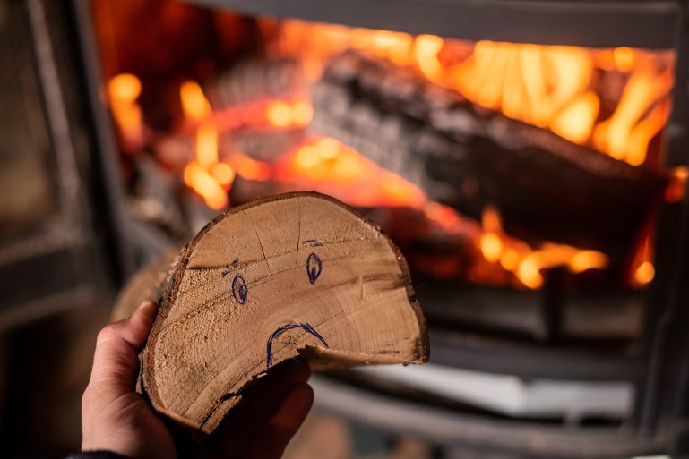 Bûche de bois qui fait la tête devant un feu