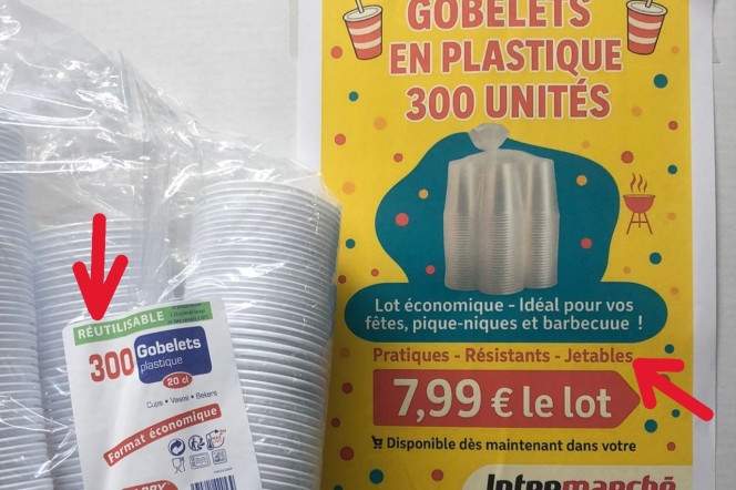 Affichette Intermarché sur des gobelets en plastique jetables