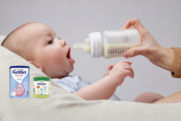 Un bébé et les boites de lait en poudre pour bébé rappelés par Danone