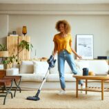 Une femme passe un aspirateur laveur sur un tapis.