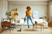 Une femme passe un aspirateur laveur sur un tapis.